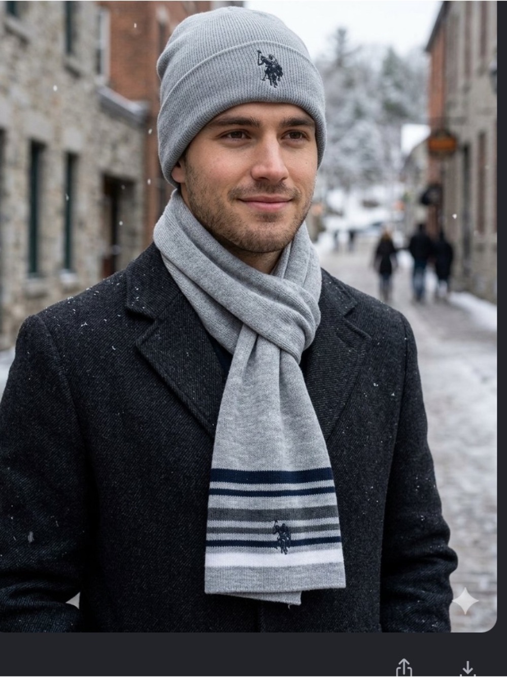 U.S. Polo Assn. Light Grey Knit Beanie And Scarf Set with Embroidered Logo